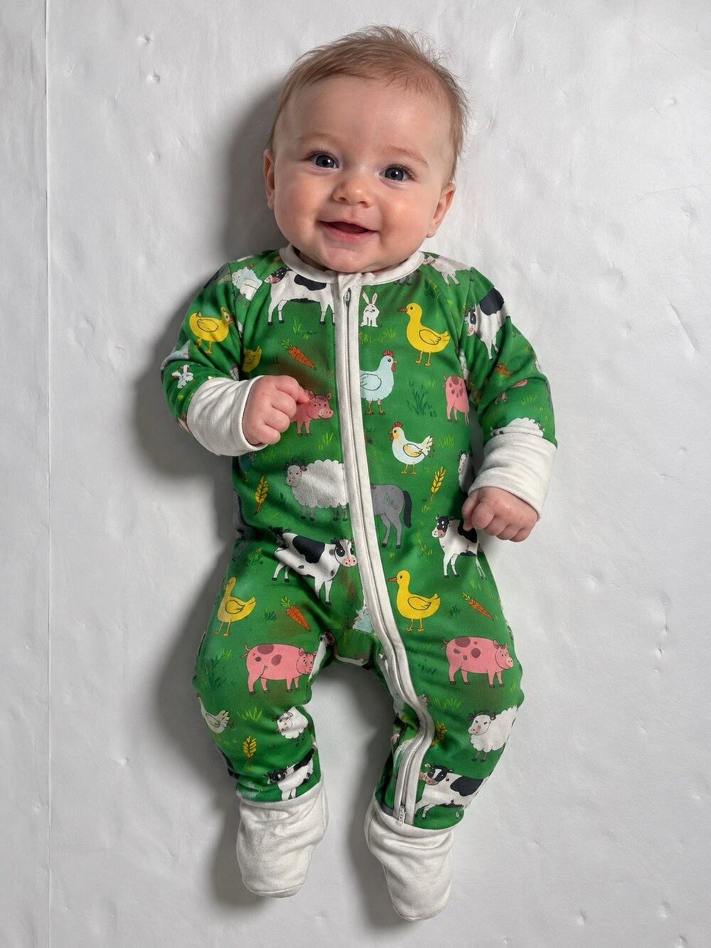 Little Sleepies 0-3M Green Farm Animals Bamboo Convertible Zippy Pajamas